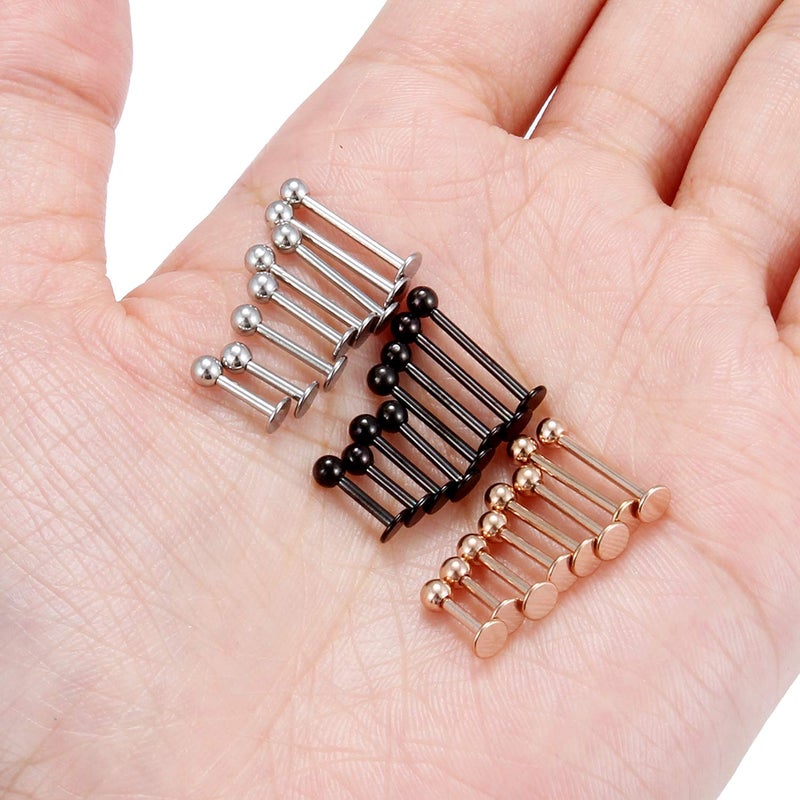 Ftovosyo Labret Barbell 24PCS Monroe Lip Barbell Ring Helix Earring Tragus Cartilage Studs Surgical Steel Piercing Jewelry for Women Men 16G 6mm 8mm 10mm 12mm Silver Black Rose Gold - Image 3